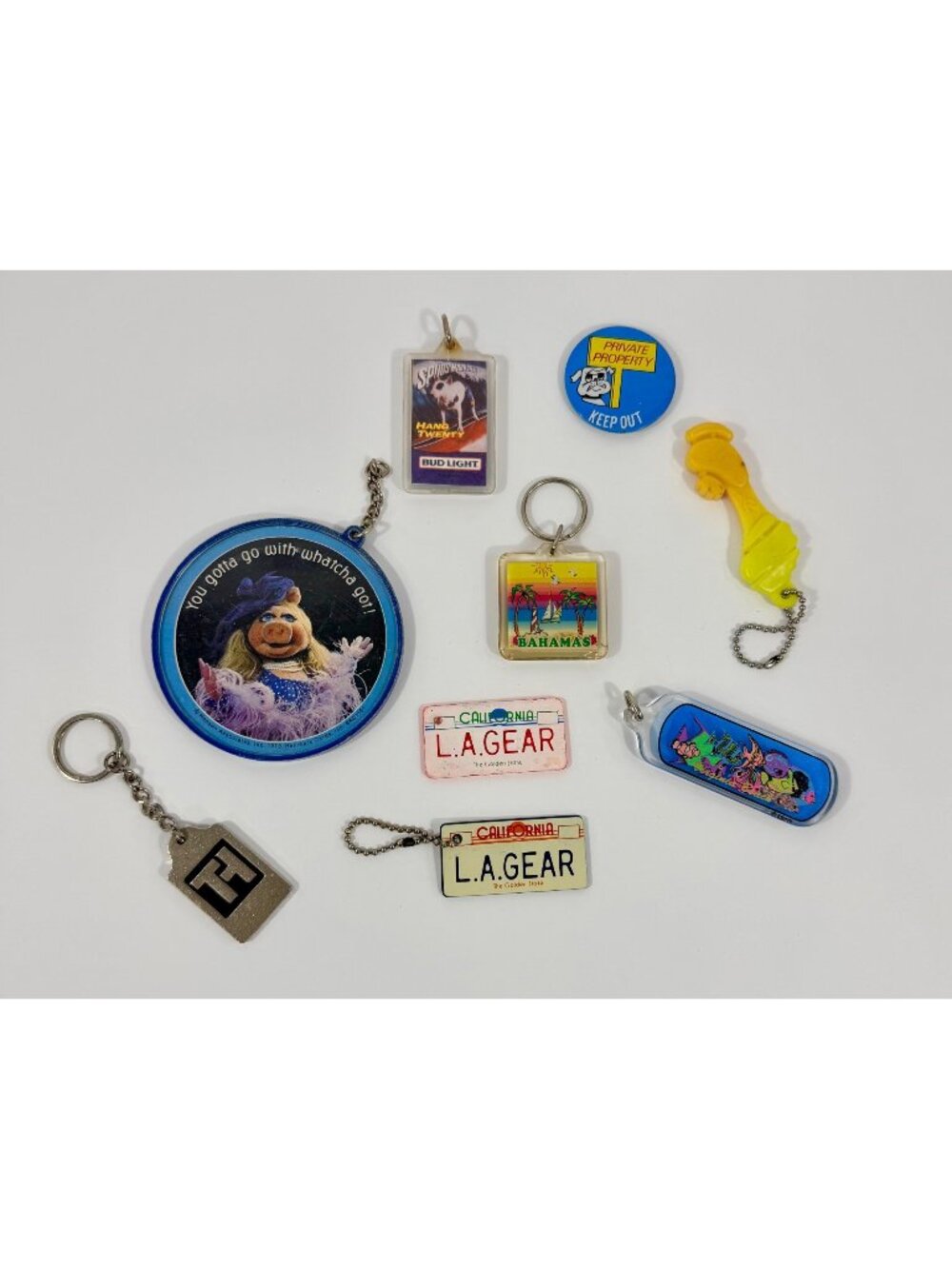 Vintage Keychains & Pins LotMiss Piggy Spuds MacKenzie Bud Light Bahamas LA Gear